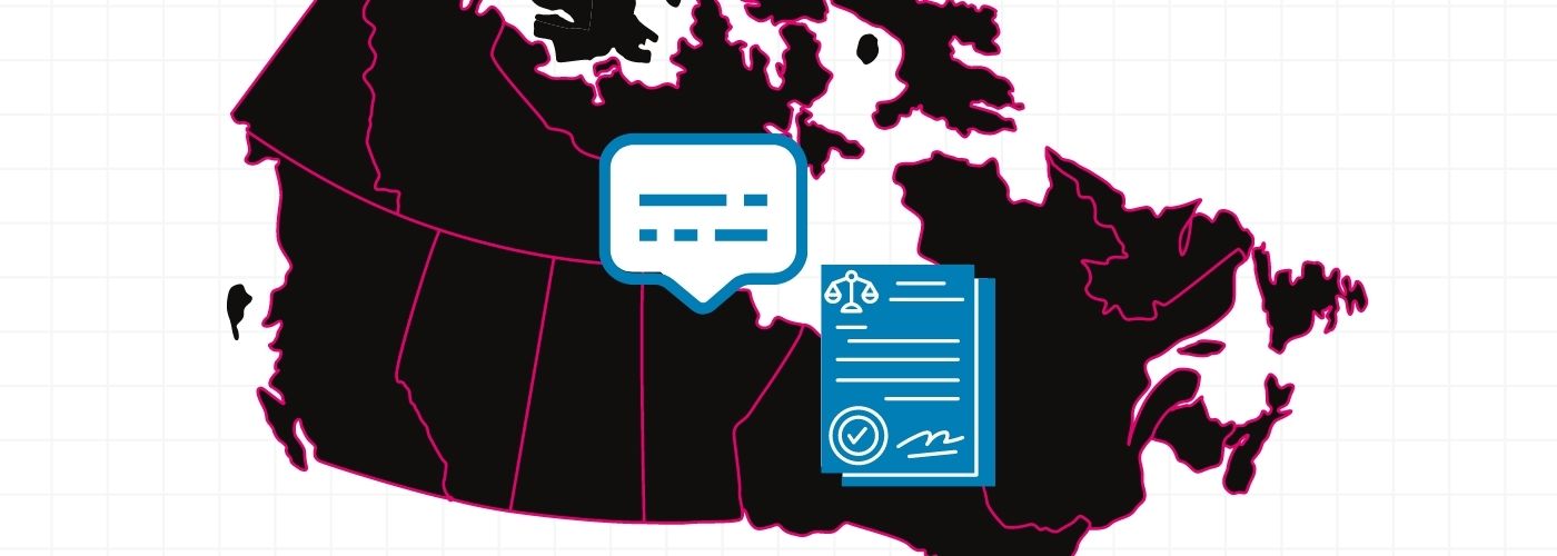 map of canada with legal document and speech bubble
