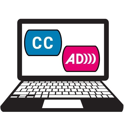 Laptop with closed captioning and audio description symbols in blue and magenta